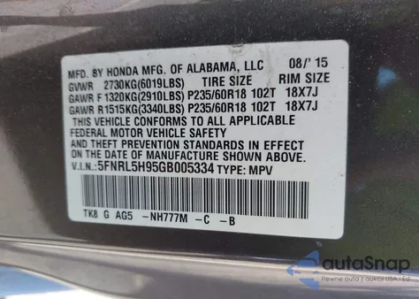 2016 Honda Odyssey Touring/Touring Elite z USA, uszkodzony, nr VIN 5FNRL5H95GB005334